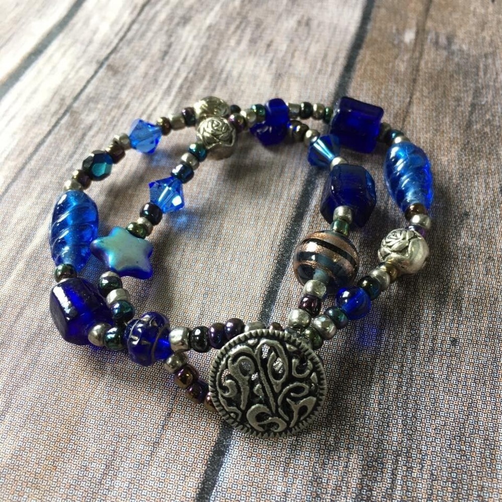 Celestial Star Art Glass Blue Bead Bracelet 7.5" Long Vintage Button Clasp Boho